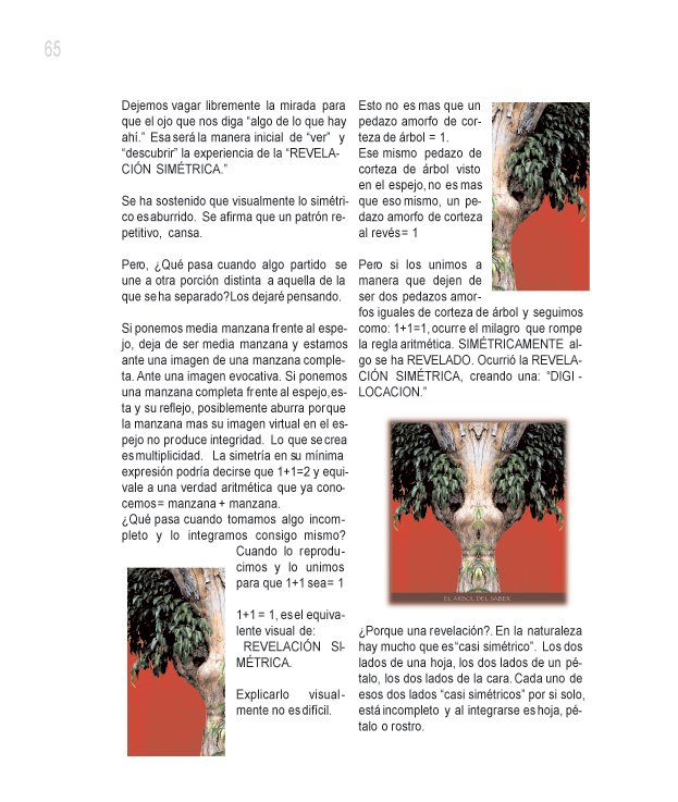 
Dejemos vagar libremente la mirada para el ojo que nos diga algo de lo que hay ah. Esa ser la manera inicial de ver y descubrir la experiencia de la REVELACIN SIMTRICA.

Se ha sostenido que  visualmente lo simtrico  es aburrido. Se afirma que un patrn repetitivo, cansa.

Pero, Qu pasa cuando algo partido se une a otra porcin distinta a aquella de la que se ha separado? Los dejar pensando. 

Si ponemos media manzana frente al espejo, deja de ser media manzana y estamos ante una imagen de una manzana completa. Ante una imagen evocativa. Si ponemos un amanzana completa frente al espejo, esta y su reflejo, posiblemente aburra porque la manzana mas su imagen virtual en el espejo no produce integridad. Lo que se crea es multiplicidad. La simetra en su mnima expresin podra decirse que 1 + 1 = 2 y equivale a una verdad aritmtica que ya conocemos = manzana + manzana.

Qu pasa cuando tomamos algo incompleto y lo integramos consigo mismo? Cuando lo reproducimos y lo unimos para que 1 + 1 sea = 1.

1 + 1 = 1, es equivalente visual de: REVELACIN SIMTRICA. 

Explicarlo visualmente no es difcil. 

Esto no es mas que un pedazo amorfo de corteza de rbol = 1.

Ese mismo pesazo de corteza de rbol visto en el espejo, no es mas que eso mismo, un pedazo de amorfo de corteza al revs = 1.

Pero si lo unimos a manera que dejen de ser dos pedazo amorfos iguales de corteza de rbol y seguimos como: 1 + 1 = 1, ocurre el milagro que rompe la regla aritmtica, SIMTRICAMENTE algo se ha REVELADO. Ocurri  la REVELACIN SIMTRICA, creando una: 